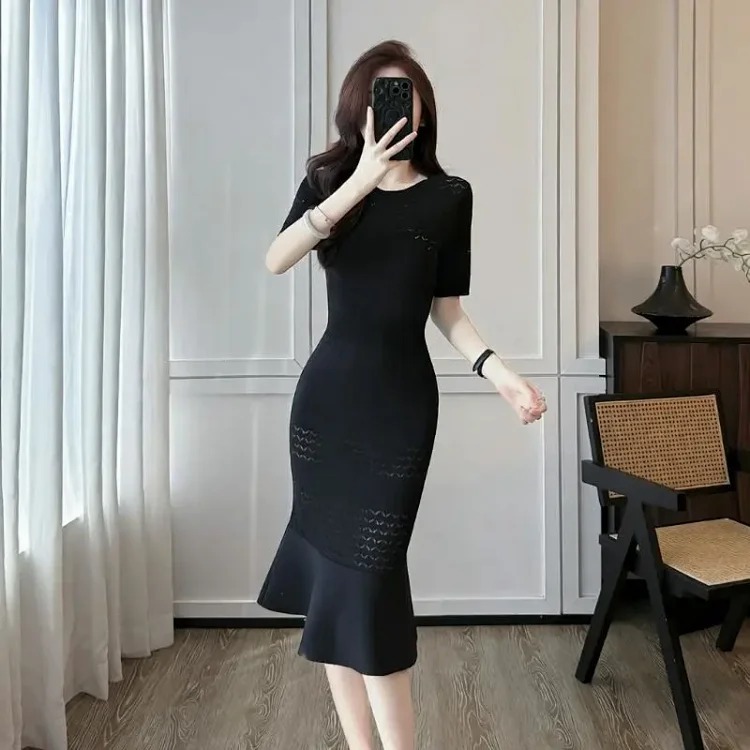 Summer Socialite Xiaoxiangfeng Ice Silk Dress Women's Summer Temperament High-end Hollow High-waisted Thin Sweater