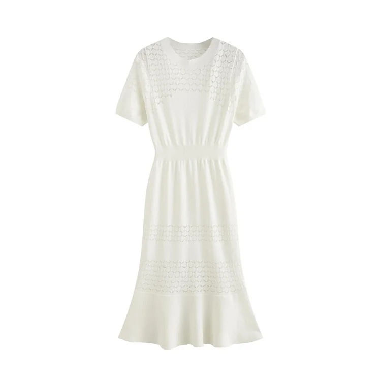 Summer Style Round Neck Short-sleeved Hollow Ice Silk Knitted Dress Sweater