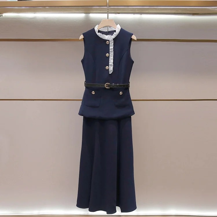 SP's new summer style French rich lady's pleated stand-up collar vest fake two-piece long waist dress for women