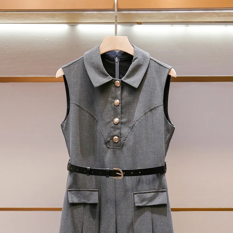 SP's new summer style French casual style celebrity lapel A-line waist slimming long vest pleated dress
