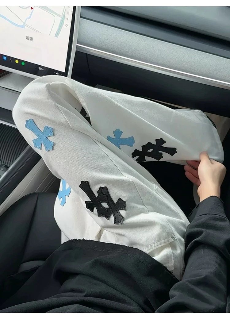 Chrome Hearts White Luxury Jeans Classic Leather Cross Men's and Women's Loose Straight Pants