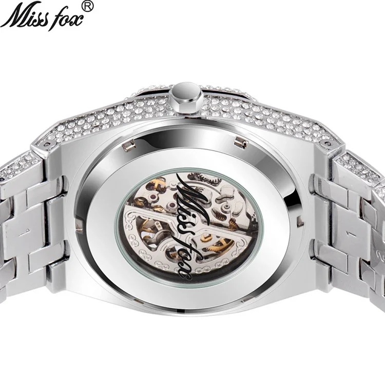MISSFOX European and American popular full diamond hollow automatic mechanical watch waterproof luminous stainless steel men's watch