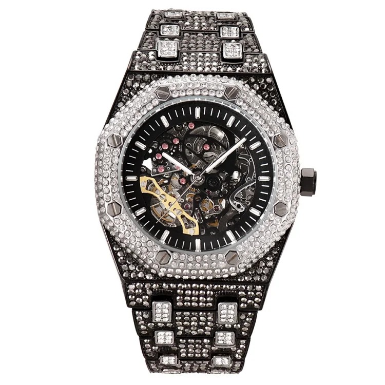 MISSFOX European and American popular full diamond hollow automatic mechanical watch waterproof luminous stainless steel men's watch