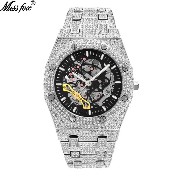 MISSFOX European and American popular full diamond hollow automatic mechanical watch waterproof luminous stainless steel men's watch