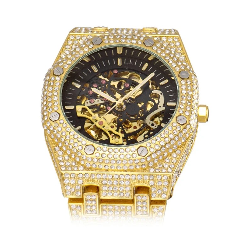 MISSFOX European and American popular full diamond hollow automatic mechanical watch waterproof luminous stainless steel men's watch