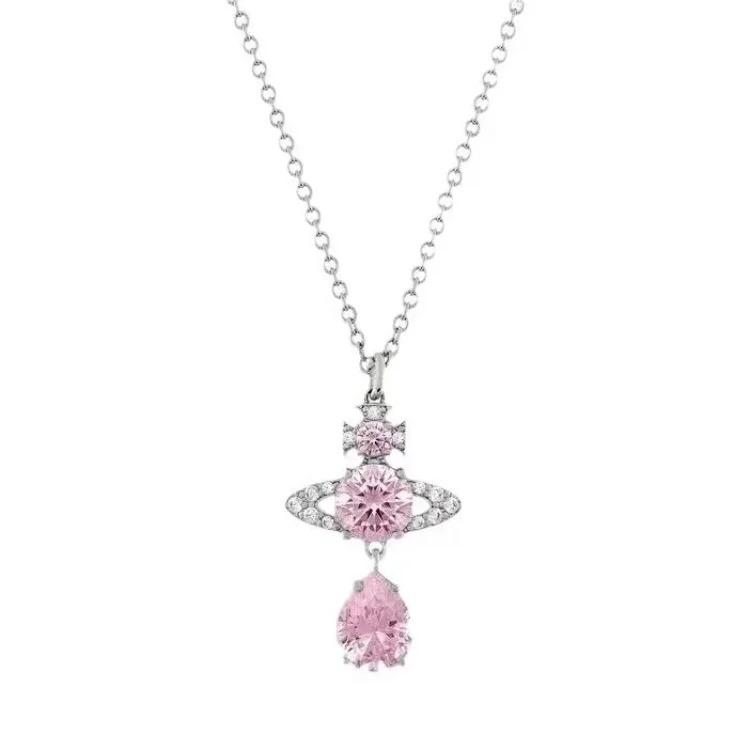 Cabinet-level quality Queen Mother Saturn full diamond brooch chain Saturn necklace paper clip clavicle chain for women