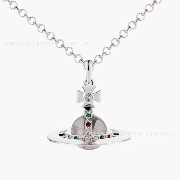 Cabinet-level quality Queen Mother Saturn full diamond brooch chain Saturn necklace paper clip clavicle chain for women