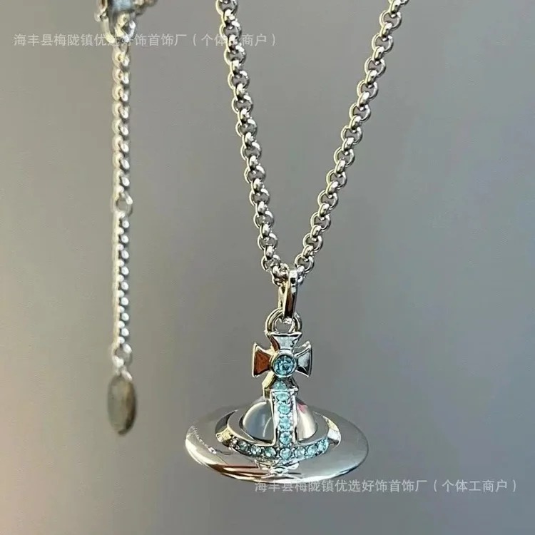 Cabinet-level quality Queen Mother Saturn full diamond brooch chain Saturn necklace paper clip clavicle chain for women